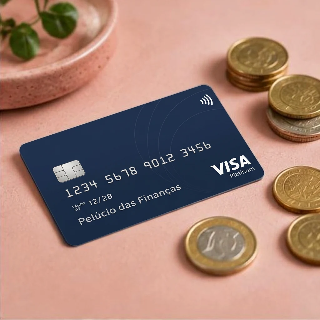 Cartão Pelúcio das Finanças e moedas sobre uma mesa rosa